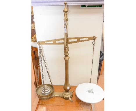 Gold painted butchers' scales, having Avery ceramic pan, a brass pan with non-matching impartial weights