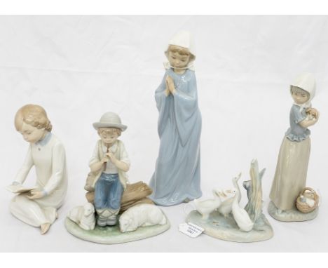 Five Nao figures of boys, girls and geese, traditional style