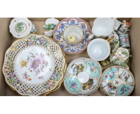 A Meissen pot and cover, encrusted with flowers, a Meissen style small teapot and cover, two pairs of Augustus Rex style cabi