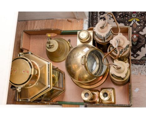 A collection of brassware, including brass binnacle, Alderson and Gyde lamp, lamps, bell and candlesticks  