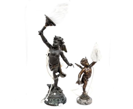 Two spelter lamp bases, both in the form of cupids, one a/f and signed Gregeire, both having flame lamp shades and granite ba