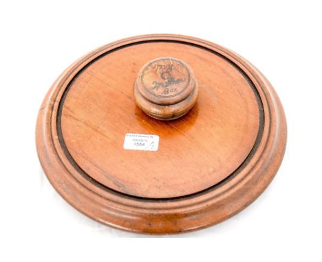 A wooden pique snuff box circa 1820, 'my mother box' to lid together with a wooden circular stand 