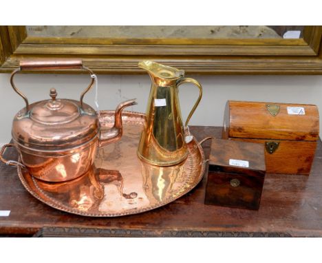 A collection of items, comprising, brass jug, a copper kettle, a copper tray, an oak tea caddy, and a George III mahogany tea