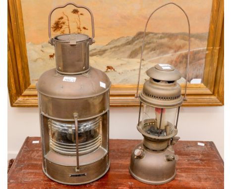Maritime interest: a navigation light pat. No 180070/80093/378752, together with an oil lamp (2)