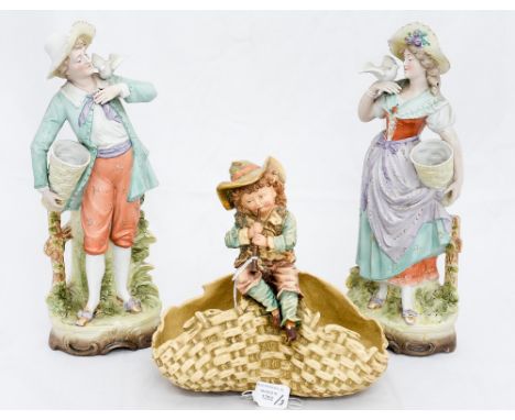 A pair of 19th Century bisque figures of a lady & gentleman, probably Austrian, together with a late 19th Century figural bas