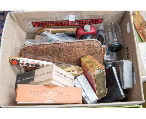 A box of collectables items, comprising, smoking ephemera, hip flasks, Royal Crown Derby Imari knife, Walker & Hall cutlery, 