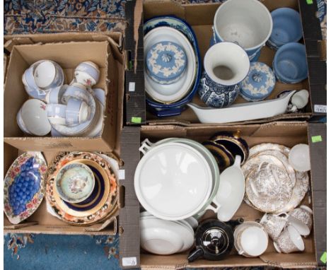 Three boxes of assorted ceramics, comprising of Copeland Spode part tea set, Wedgewood luster, and  Jasperware etc 