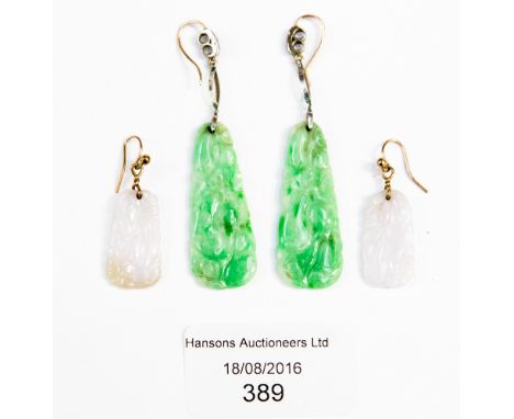 A pair of Art Deco jade and diamond pendant earrings, together with another pair of Chinese white jade earrings