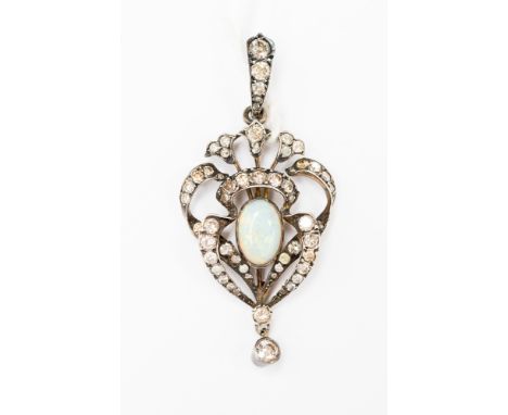 An opal and diamond set garland style drop pendant, the central opal approx. 10 mm by 7 mm, set in white metal