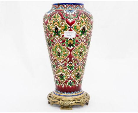 A 19th Century ceramics cloisonne style lamp base, possibly Zsolnay, in the Chinese style on pierced metal foot 