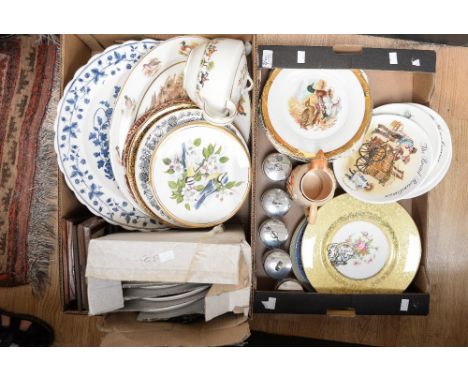 A Minton cabinet plate, collectors' plates, egg coddlers, Rye and Scotch labels, meat plates etc including framed tiles (2 bo