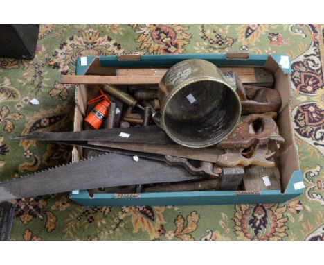 A box of carpenters tools, many from early 20th Century, saws etc