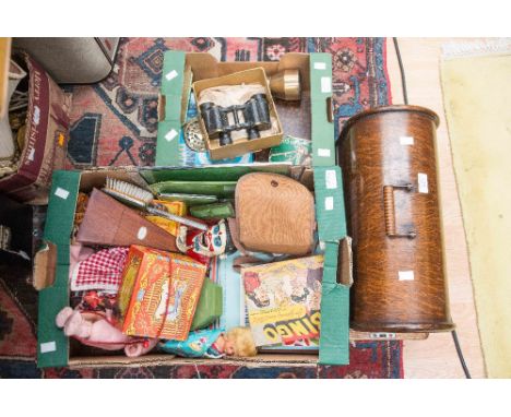A collection of children's games, Vulcan sewing machine, dolls, binoculars, metronome; books, a munitions brass case, Singer 