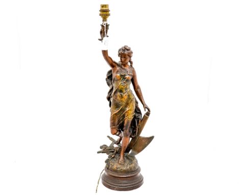 A 19th Century spelter figure of a lady, converted to a lamp, 60 cm high approx.
