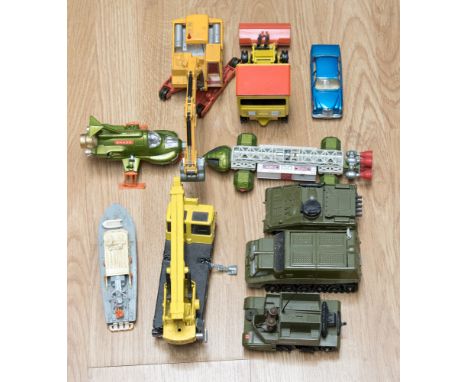 A bag of playworn Dinky vehicles, including army vehicles, digger, boat, crane etc 