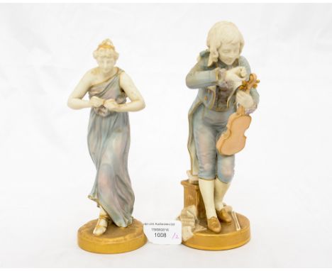 A Royal Worcester figure 'Music' shape No. 1828, white glaze skin with pale blue robe, gilt details and base, (a/f), together