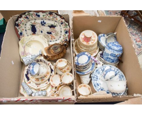 Two boxes of assorted ceramics, comprising, Victorian part tea wares, Royal Winton, Copeland Spode, Imari pattern charger etc