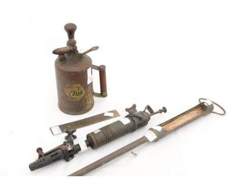 A horticultural blow lamp, Belgium blow torch and a brass hydrometer (3)