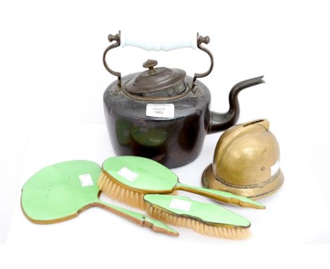 A 1930's three piece dressing table set with green enamel over engine turned design, a 19th Century copper kettle with glass 