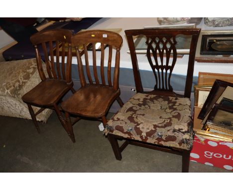 Two elm seated slat back chairs and a Chippendale style chair