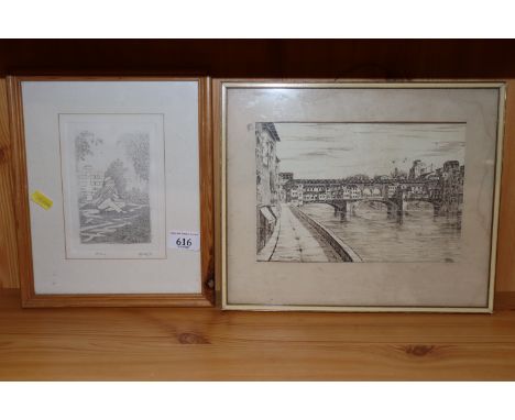 M King, pencil signed print entitled "Many" and a pen and ink study of a continental scene