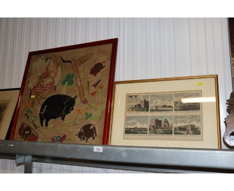 A framed print depicting various castles and a wool work study