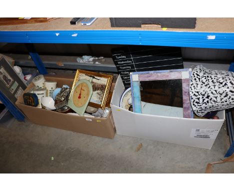 Two boxes containing various sundry glass, china, mirror, scales etc