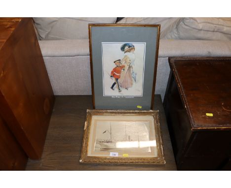 A black and white photographic print S S Dilwara and a Lawson wood print "His First Engagement"