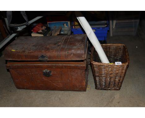 A metal storage trunk and contents of various sundry items, a wicker waste paper bin
