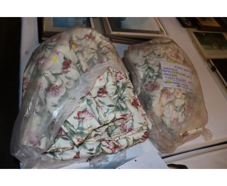 Two bags containing pair of 115cm drop x 53cm wide curtains, a pair of 118cm drop x 110cm wide curtains and 300cm pelmet