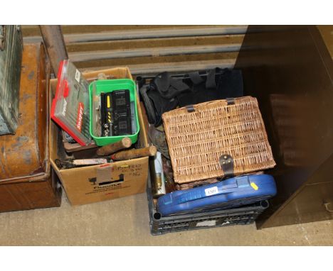 A wicker hamper basket containing fir cones; a quantity of tools; a foot brace; a Record 122-4 G clamp etc