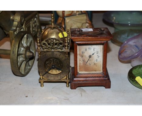 A brass lantern clock together with an oak cased mantel clock AF