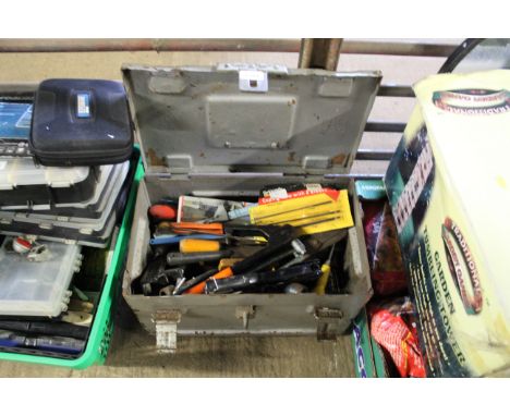 A silver painted metal ammo trunk and contents of various tools to include rivet guns, screwdrivers, wheel spanner etc. 