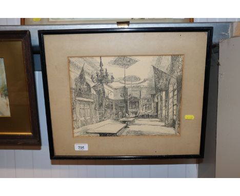 A framed black and white print of 'The Long Room, Armoury House, London'