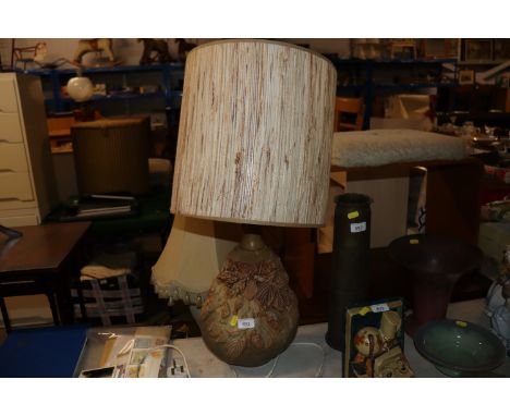 A Bernard Rooke table lamp and shade decorated with birds amongst foliage 