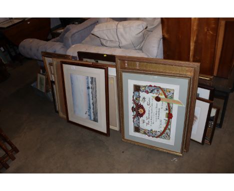 A large collection of various pictures and prints including black and white photographic print "Wickham Market", oil painting