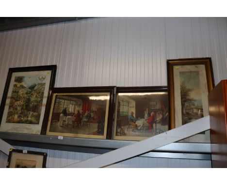 A framed coloured print of "A Broad And Narrow Way", a gilt framed coloured print and two prints depicting a "Nautical Argume