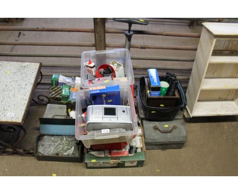A quantity of screws nails and other fixings, an HP Photosmart 475 printer, foot pump, binoculars, small metal toolbox and va