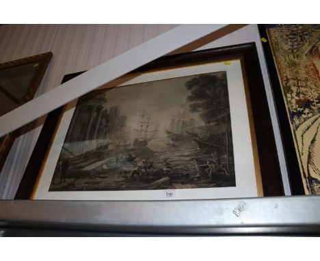 An oak framed black and white print depicting a harbour scene