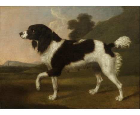 George Stubbs ARA (Liverpool 1724-1806 London)A black and white spaniel pointing to the left, in a wooded landscape with a ch