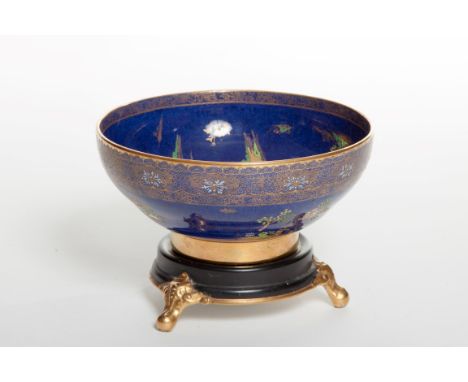 A VERY ATTRACTIVE FAIRYLAND TYPE POWDER BLUE CARLTON WARE BOWL, decorated with Chinoiserie scenes, set with semi-precious sto