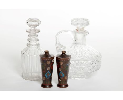 A VICTORIAN TRIPLE-NECK CUT-GLASS DECANTER AND STOPPER; a cut-glass claret jug and stopper, as is; and a pair of Chinese cloi