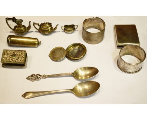 A COLLECTION OF MISCELLANEOUS SILVER, comprising a miniature three-piece tea and coffee service, with coffee pot, tea pot and