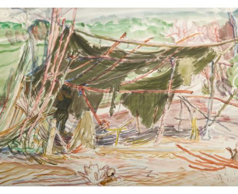ALICIA BOYLE (1908-1996), "A Canvas Covered Shelter with Figure", W.C., bares artist studio ticket verso, 15.5" (29cm) x 19" 