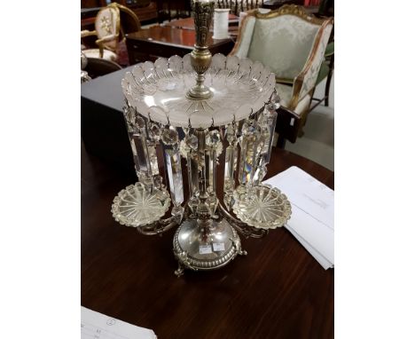 A LATE NINETEENTH CENTURY SILVER PLATED EPERGNE, with three leaf cast scroll arms, each supporting a cut-glass dish, and a cu