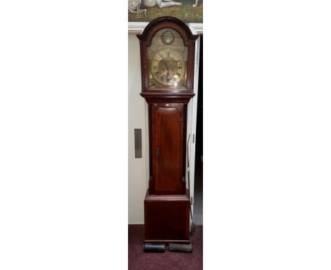 AN EIGHT-DAY INLAID MAHOGANY LONGCASE CLOCK, by J. Stuart of Ayre, the arched and moulded top above an arched brass dial sign