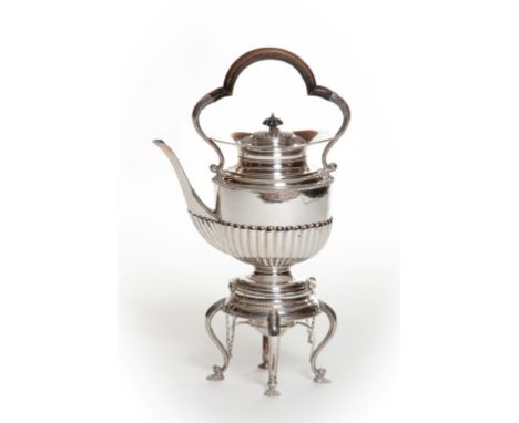 A HEAVY SILVER TEA KETTLE ON STAND, with warming lamp, late Victorian by JN.M., London 1895, the kettle with half reeded oval