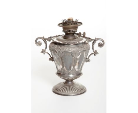 AN UNUSUAL SILVER PLATED PRESENTATION TABLE OIL LAMP, with two scroll handles, and inscription, and lift out reservoir, 9" (2