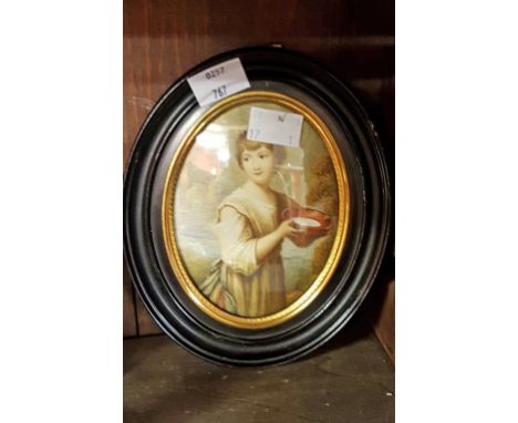 NINETEENTH CENTURY CONTINENTAL SCHOOL, oval miniature portrait of a young peasant girl holding a bowl in a landscape, W.C., 4