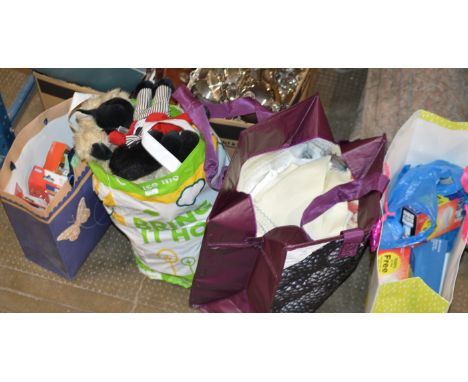 4 BAGS WITH SOFT TOYS, LIGHT BULBS, LINEN ETC     